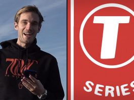 The image shows the two contenders on the online beef, PewDiePie and T Series
