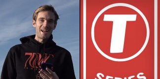 The image shows the two contenders on the online beef, PewDiePie and T Series