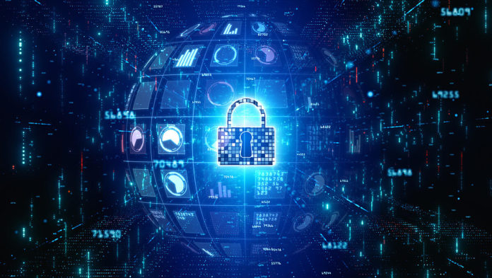 Lock Icon Cyber Security with particles flow, Digital Data Network Protection, Future Technology Network Background Concept. Botnet Server Numbers Skyrocketed in 2019